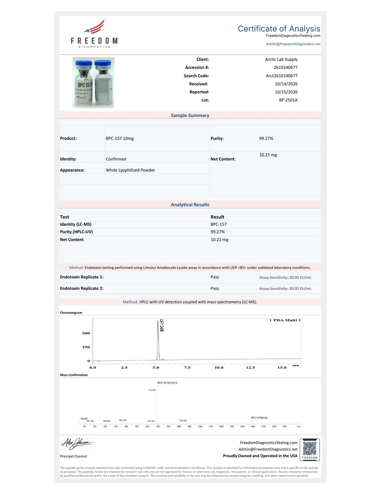 BPC-157 10mg lot BP-2501A certificate of analysis, page 1