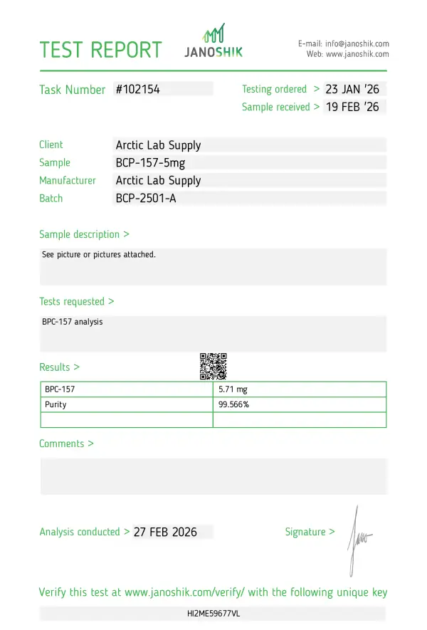 Published BPC-157 5MG certificate of analysis