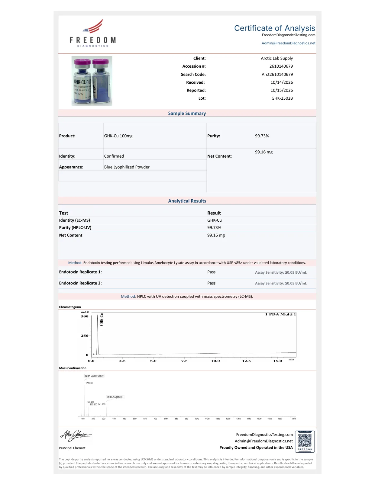 GHK-Cu 100mg lot GHK-2502B certificate of analysis, page 1