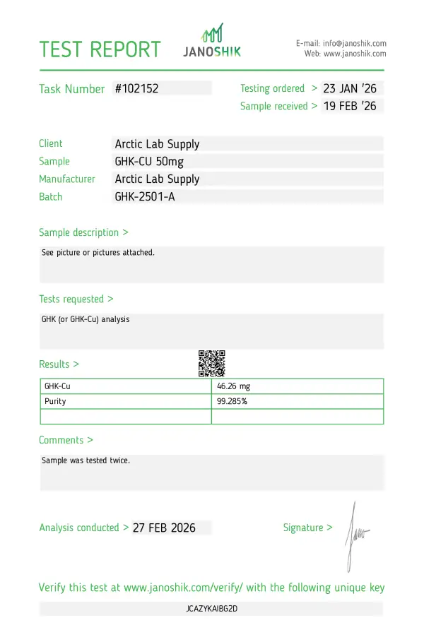 Published GHK-Cu 50MG certificate of analysis