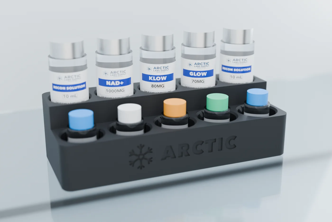 Arctic Fridge Dock on a fridge shelf with Arctic vials, 10 mL in the raised back row and 3 mL in front